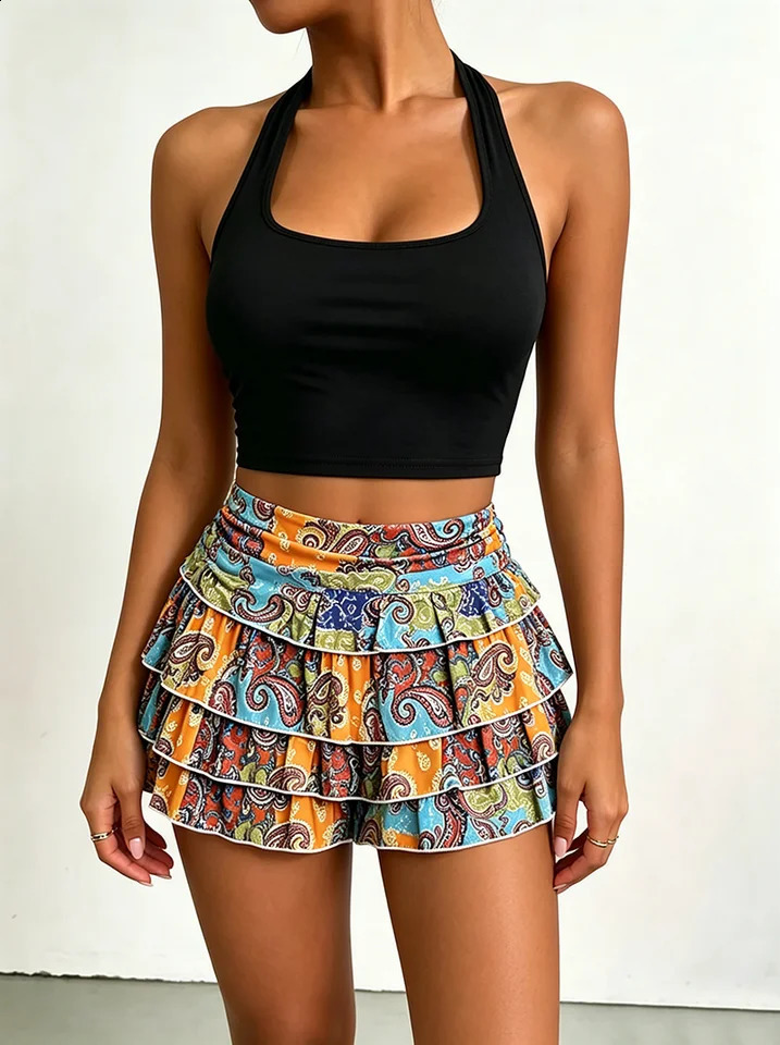 Womens clothing set solid color hanging neck backless vest topelastic waist geometric printed half skirt short 260625