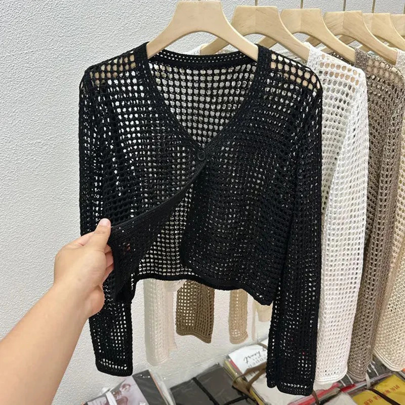 Single Button Crochet Mesh Cardigan for Women Semi Sheer Openwork Sunscreen Jacket Cover Up Summer Hollow-out Knitted Cardigan 260626 - view 1