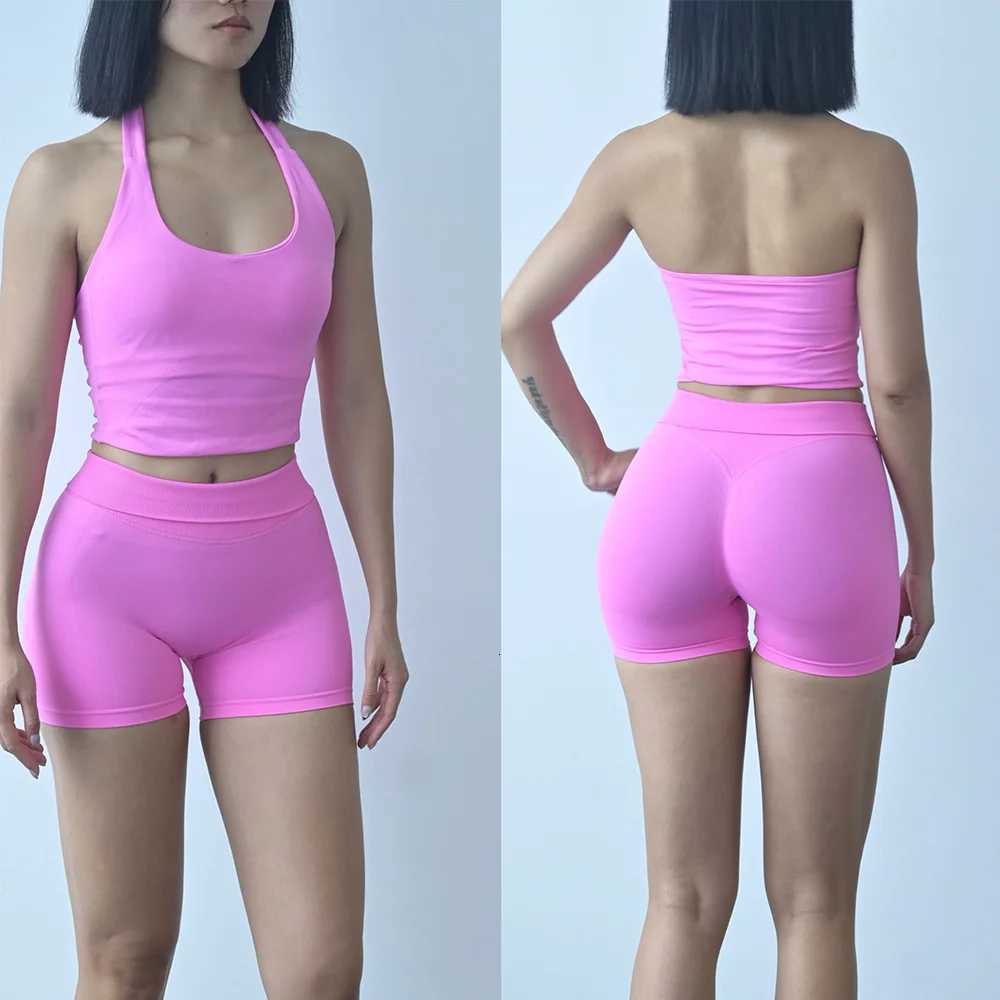 Set 2 Pieces Women Sports Backless Halter Tops High Waist Seamless High Stretch Bras Shorts Gym Suit Sportswear Workout Sets M260626 - view 7