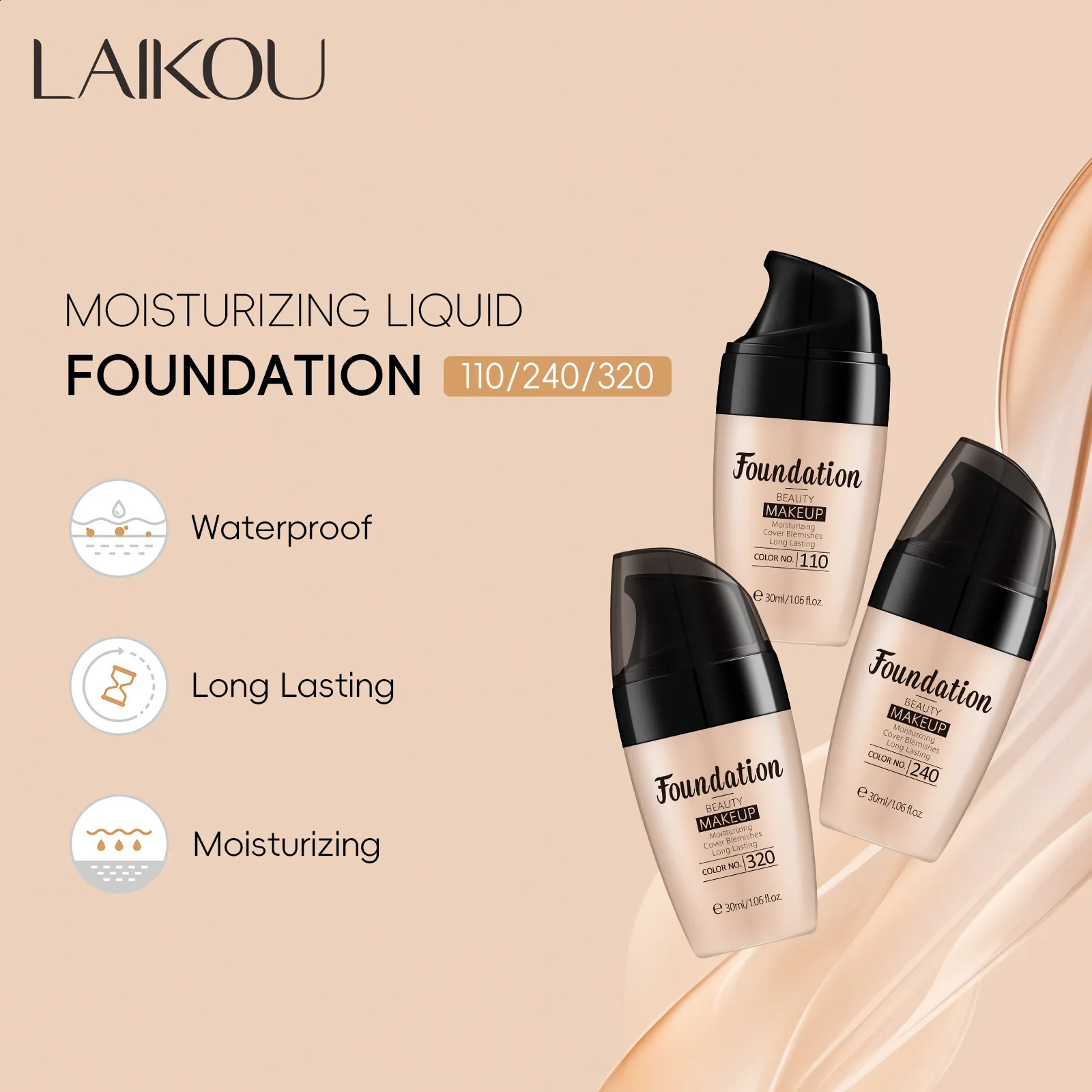 LAIKOU Liquid Foundation Multiple Shades Hydrating Natural Finish Creamy Full Coverage Makeup Base Long Lasting Wear 30ml 260625 - view 4