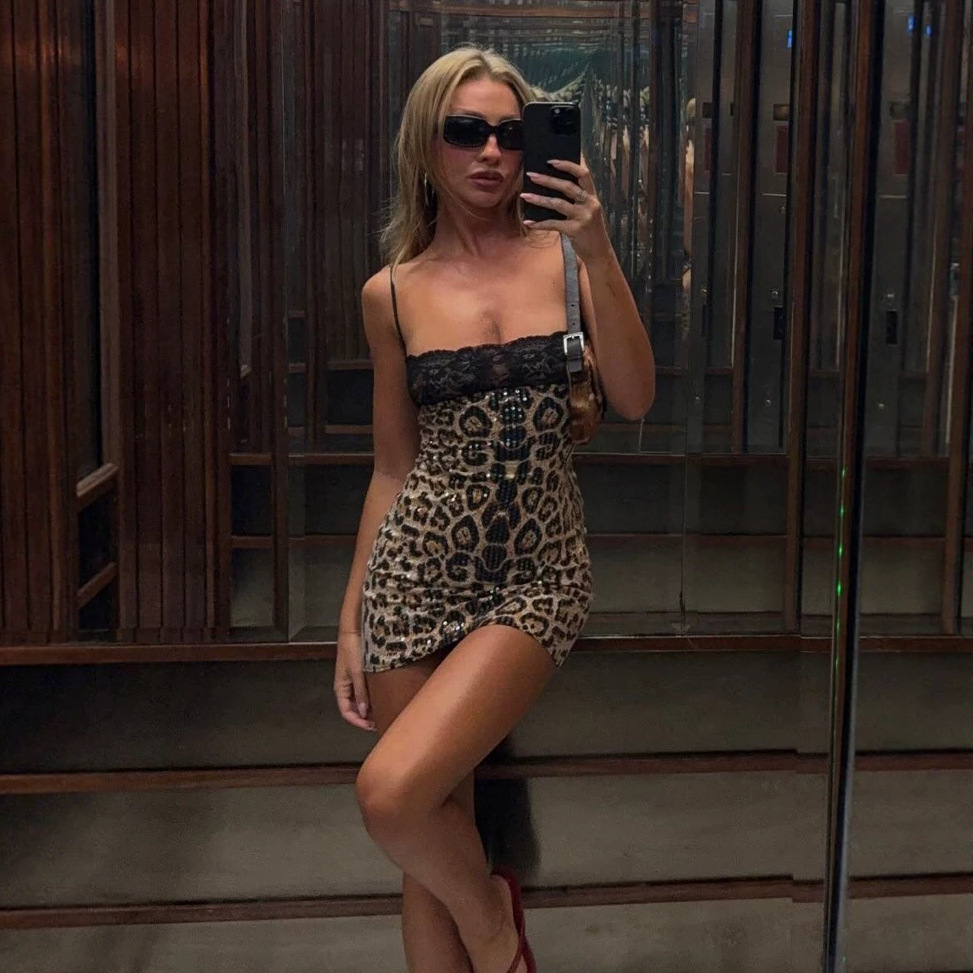 Womens Sexy Mini Dress Womens Leopard Sequin Lace Splicing Thin Strap Slim Fit Summer Party Gown For Women Daily Nightclub Trend Vacation Outfits - view 1