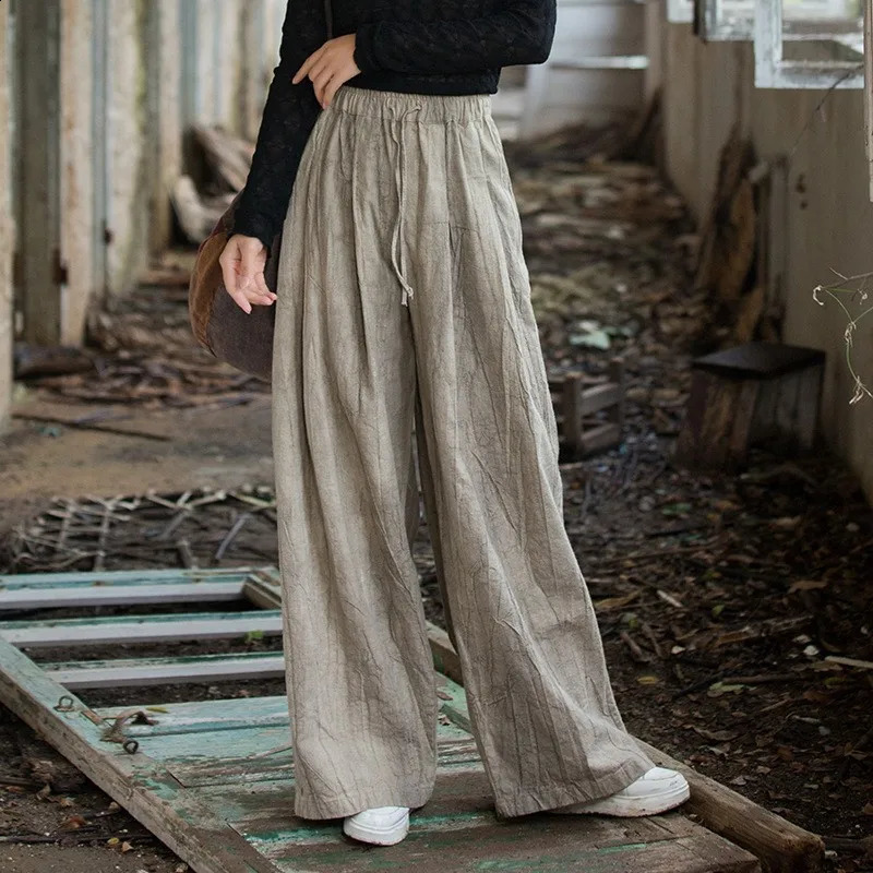 Johnature Women Casual Ramie Cotton Wide Leg Pants Elastic Waist Tiedye Trousers Autumn Pockets Belt Long 260625 - view 3