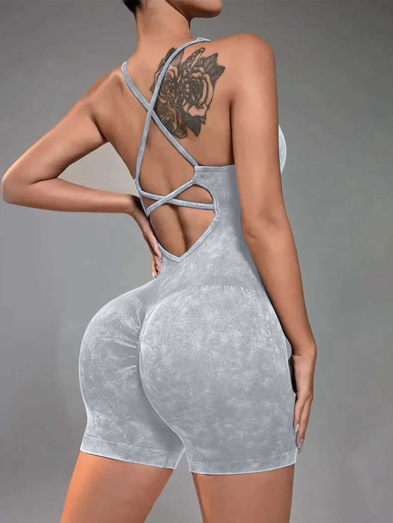 Cropped Yoga Leggings Cross - High-Waisted Water Washed Seamless One Piece Yoga Suit for Women M260626 - view 7
