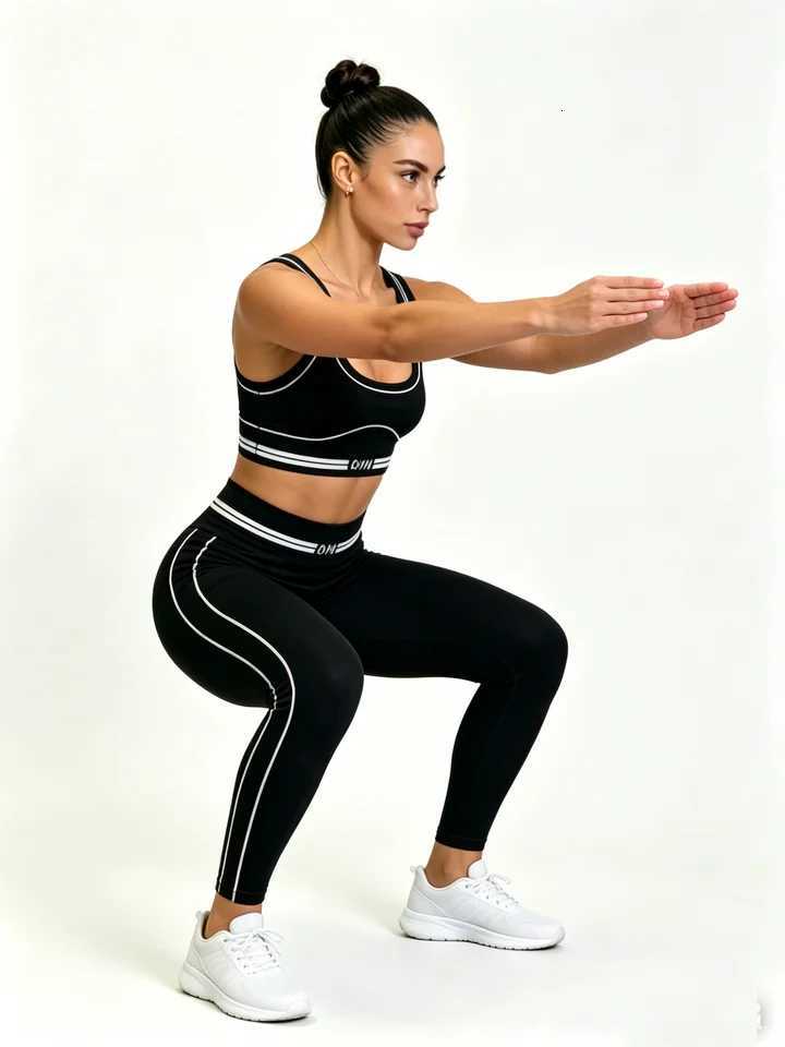 Black Womens Set 2Pcs Gym White Trim Sports Bra High Waist Leggings Fitness Workout Yoga Tracksuit M260626 - view 5