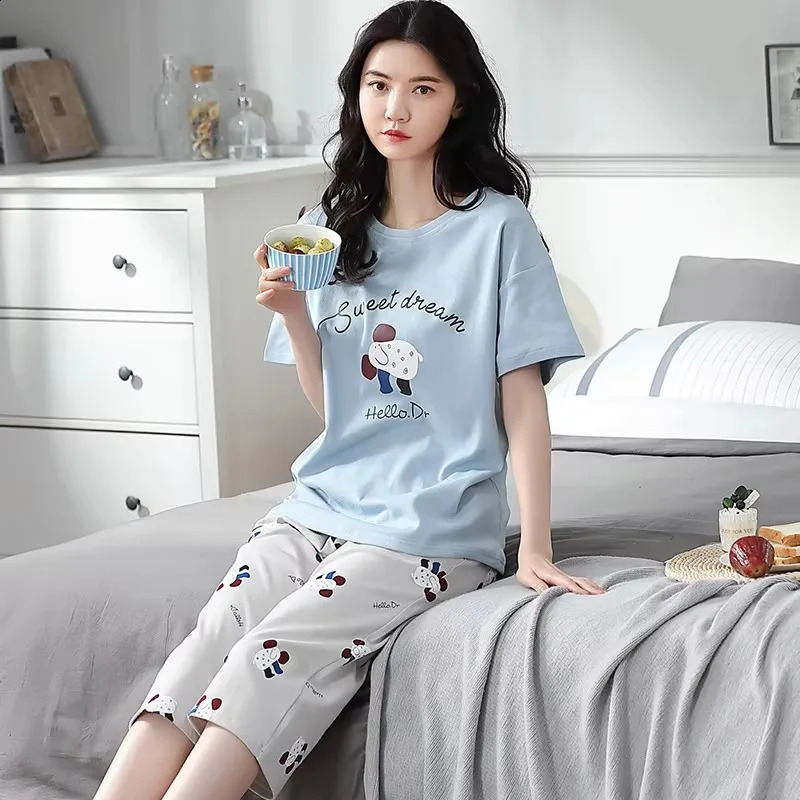Korean Version Pajama Summer Cotton Short Sleeve Pants Home Wear Casual Daily Cute Plussize Suit 260625 - view 7