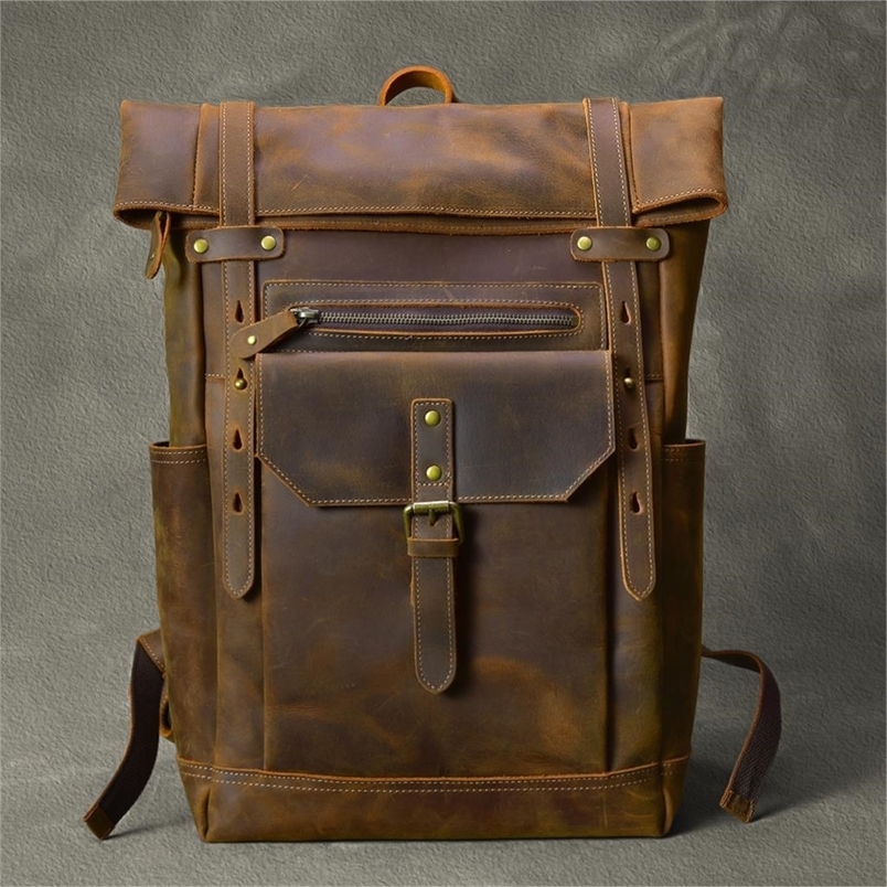 Retro Genuine Leather Mens Backpack Large Hiking Bagpack Bag Crazy Horse Travel Male Rucksack 156Laptop y260611