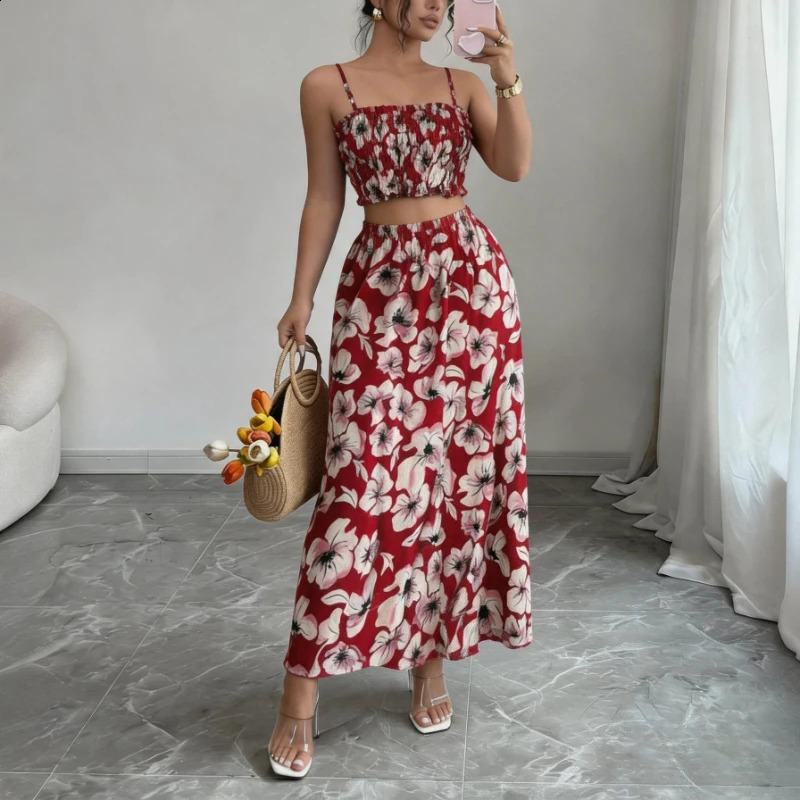 Womens 2 Piece Floral Print Outfit Spaghetti Strap Ruffle Crop Top High Waist Flowy Midi Skirt Summer Beach Vacation Casual Set 260625 - view 3