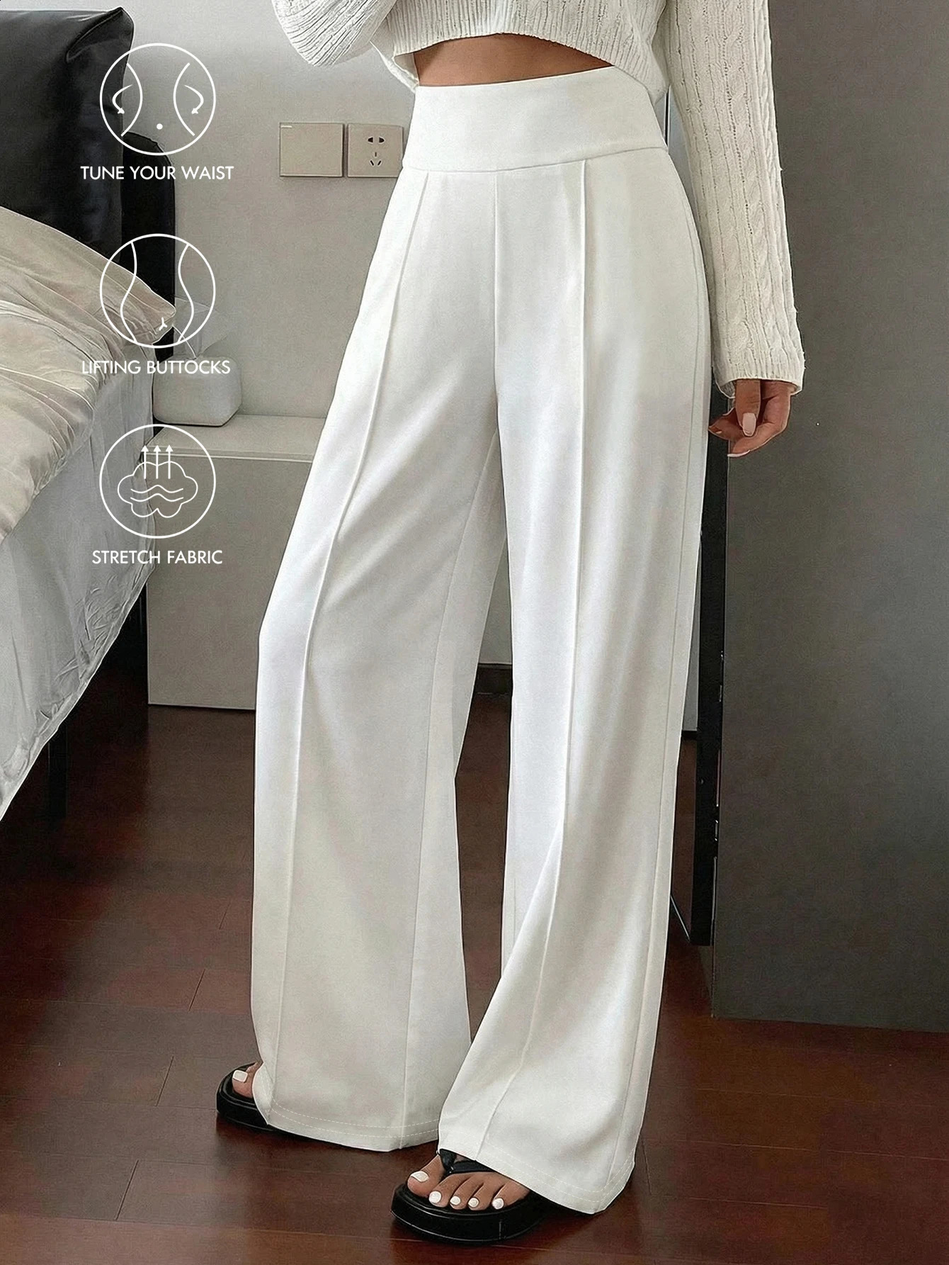 Women Loose Straight Leg Pants Minimalist White Casual Long Slimming Cargo With Stripe n Standard Size Suitable 260625 - view 5