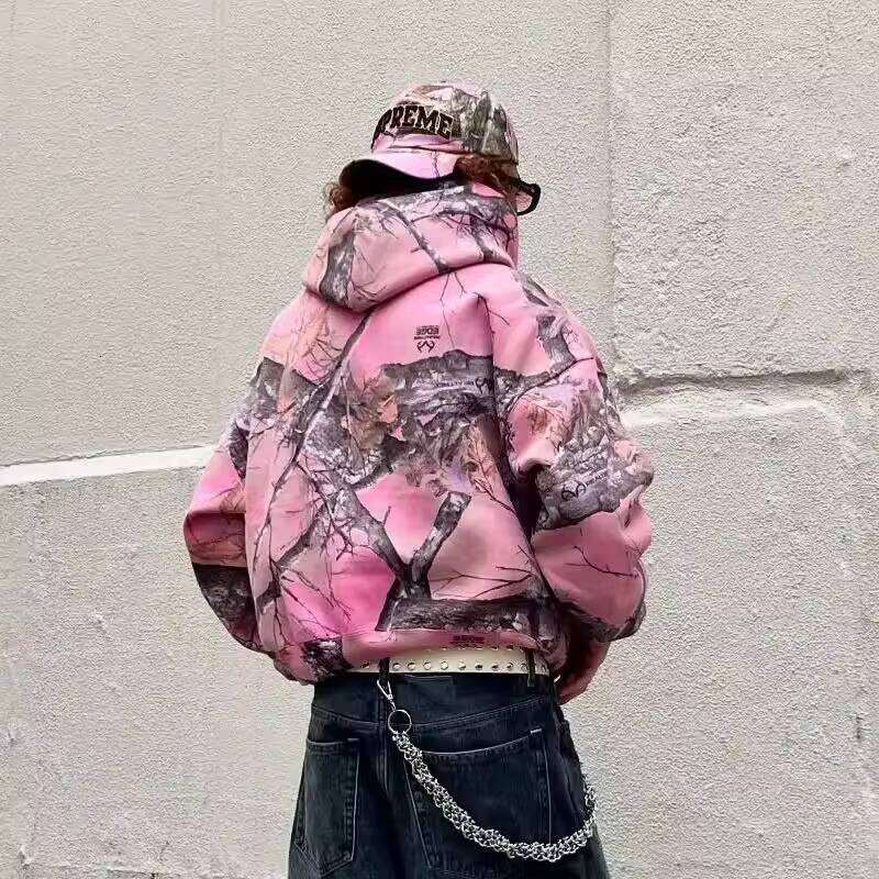 Y2K Retro Men Pink Branch Print Camouflage Pattern Sweatshirt High Street Hip Hop Streetwear Goth Camo Hoodie Unisex Coat W260626 - view 6