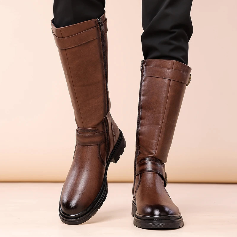 British Men Black Leather Knee High Boots ner Motorcycle Boots Casual Work Boots Outdoor Fashion Street Shoes Zapatos 260625 - view 6