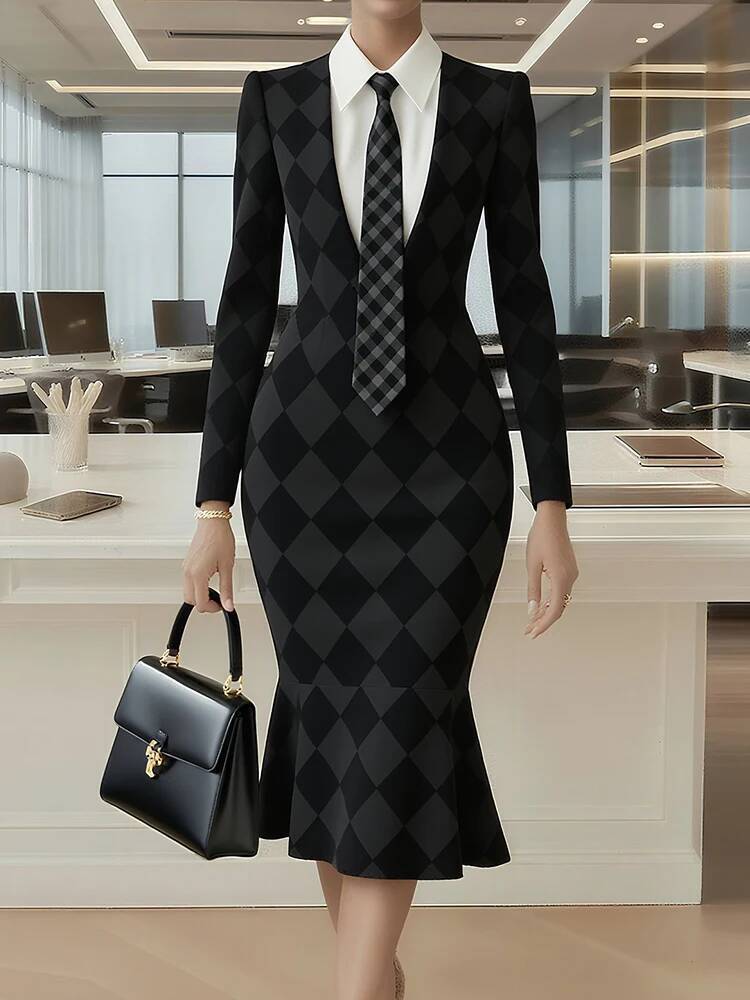 Turn-Down Collar Simple Mermaid Women Spring Autumn Long Sleeve Print Trumpet Dress, New Fashion Office Chic Ladies Dress Asia Size - view 3