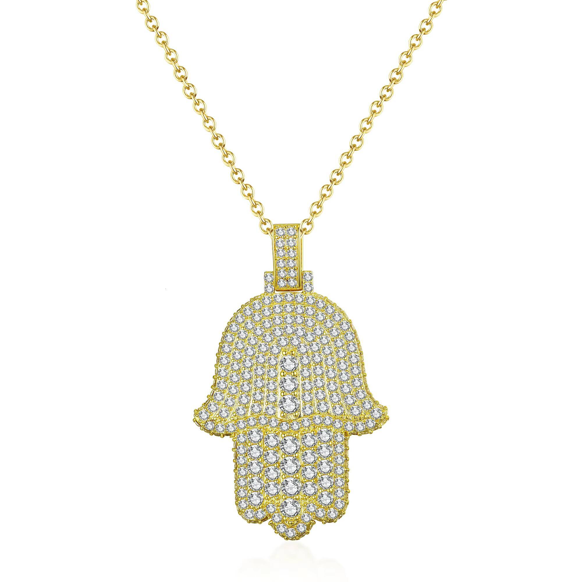 925 Silver Hamsa Pendant Necklace for Women Hip-Hop Style Cubic Moissanite Diamond Gold Rhodium Plated Christian Religious Peace Design - view 7