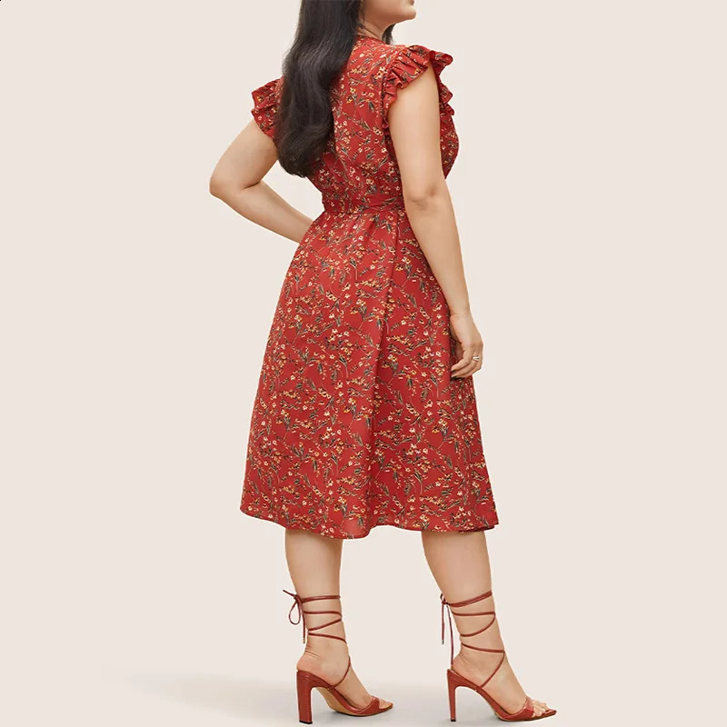 Elegant PlusSize Womens VNeck Sleeveless Floral Print Dress with Ruffle Pockets Belt Decoration Casual Summer 260613 - view 3