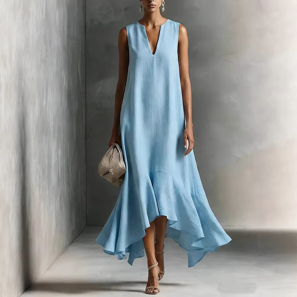 New European and American cross-border fashion deep V-neck sleeveless slim-fit dress with an asymmetrical hem - view 3