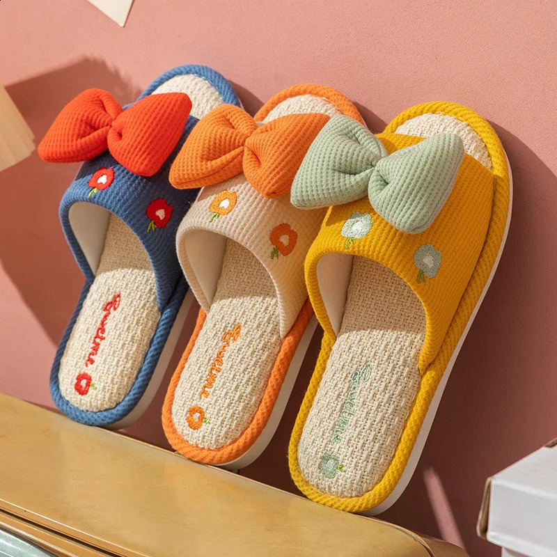 Ladies Summer Casual Linen Slippers Cartoon Multicolor Bow Girls Home Anti-Slip Slippers Simple Cute Slip-On Footwear 260624 - view 1