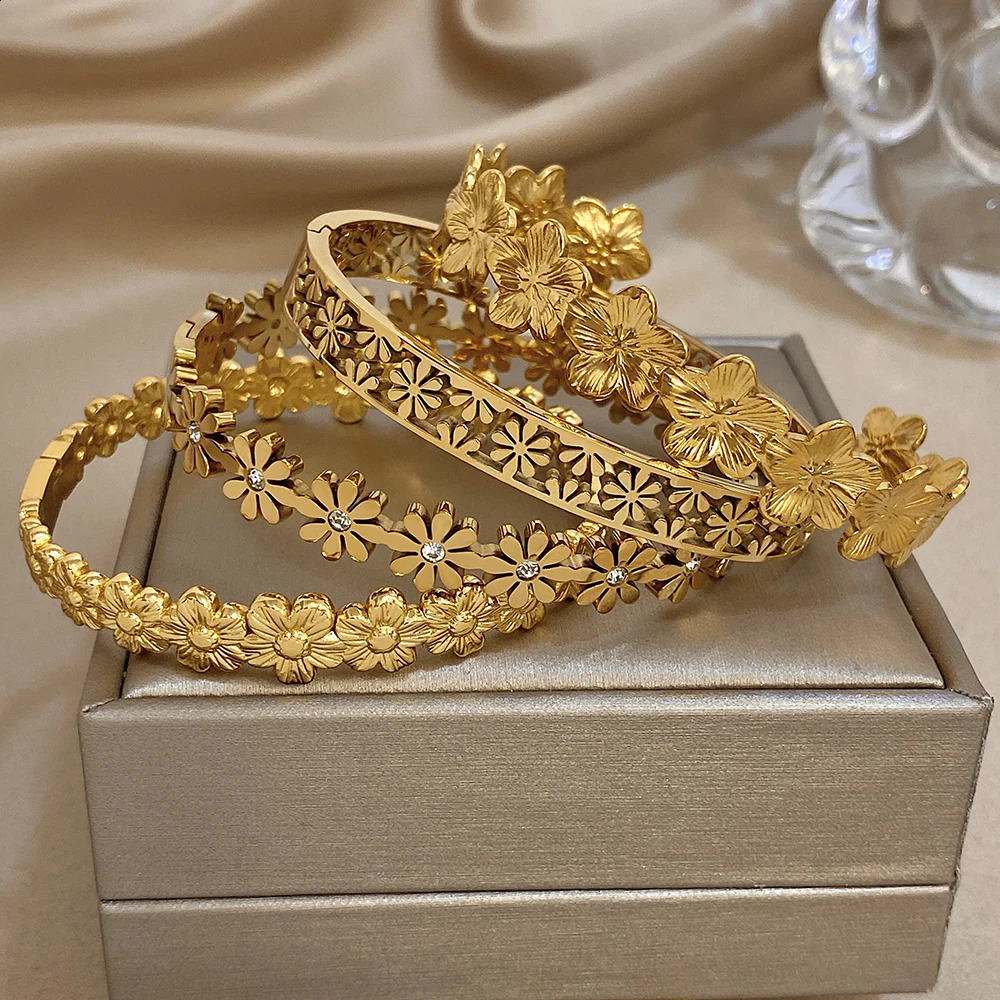316L Stainless Steel Flower Cuff Bracelet Bangle for Women Fashion Hollow Floral Aesthetic Couple Wrist Stacked Jewelry Gifts 260625 - view 6