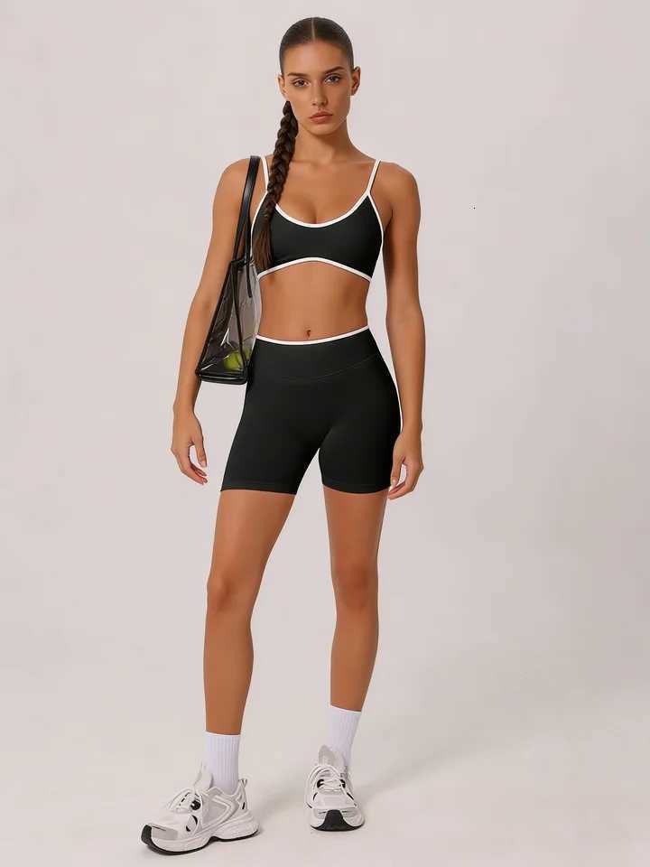 Set 2 Piece Women Workout Contrast Trim Yoga Sports Bra Biker Shorts Activewear M260626 - view 5