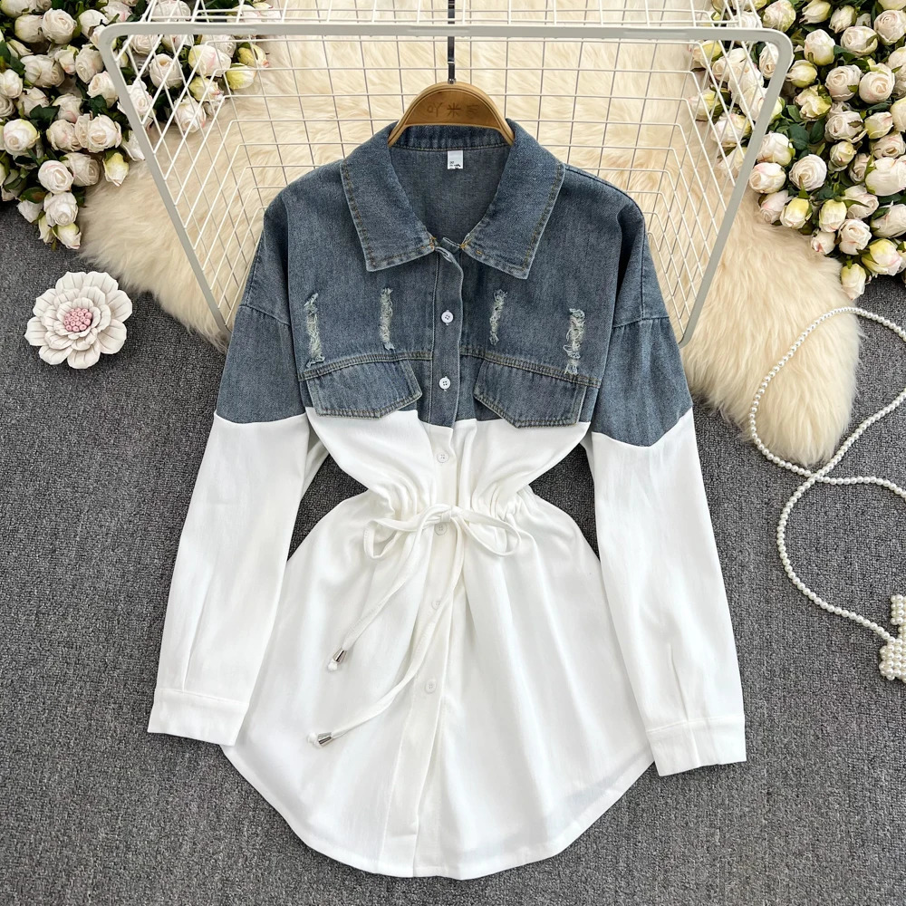 Womens Turn-down Collar Denim Patchwork Shirt Jacket Autumn Loose Long Sleeve Drawstring Waist Mid-Length Casual Streetwear Top 260626 - view 4
