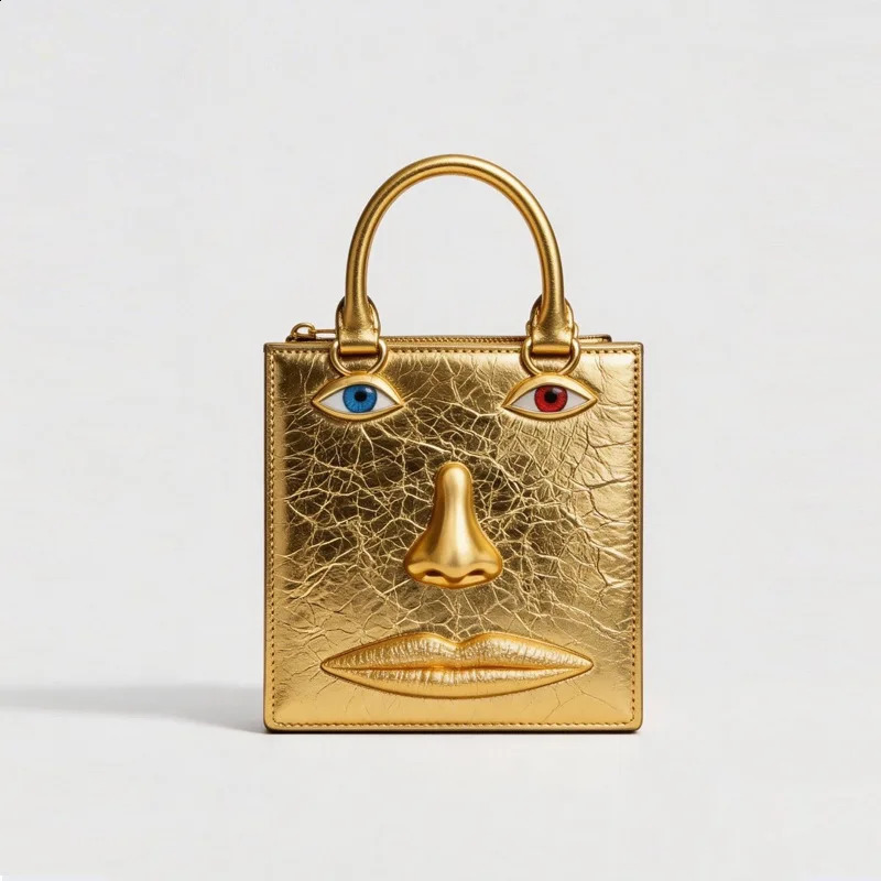 Face Bag Women High Quality Black Leather s Handbag Jewelry Eyes Gold-tone Metal Shoulder Strap Crossbody Bags 260625