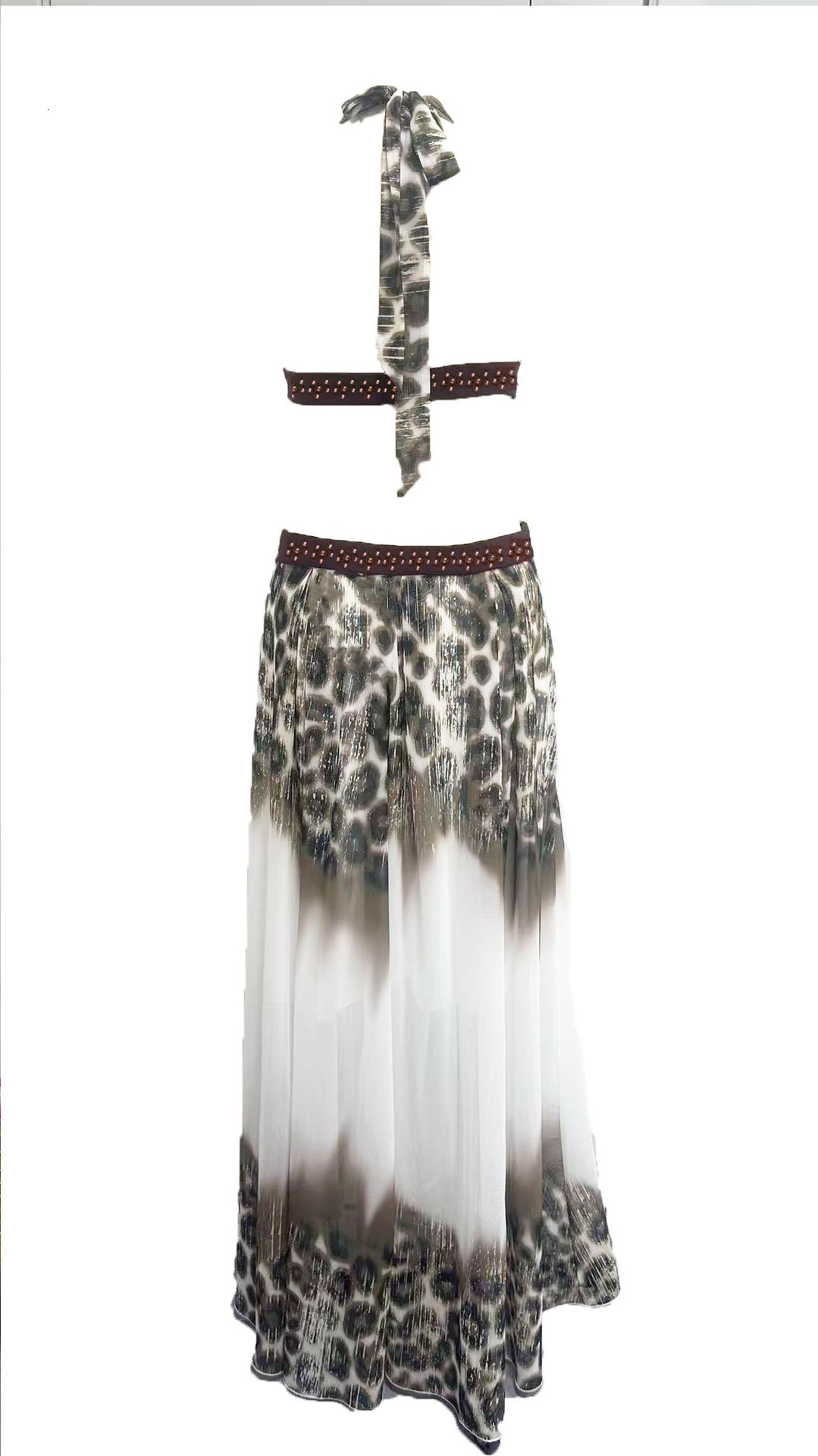 Cross-border summer new women's clothing, European and American style halter neck leopard print patchwork long dress, sexy backless beaded dress - view 8