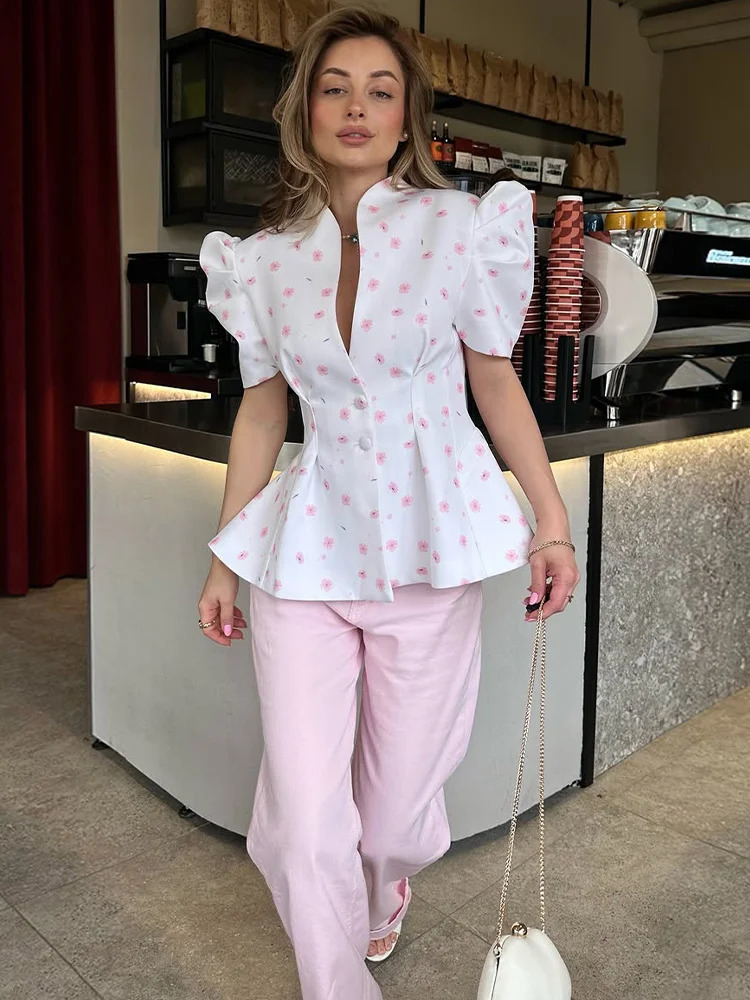 Floral Print Pleated Waist Peplum Blazer Slim Puff Short Sleeve 2026 Summer Fresh Women Suit Top Versatile Gentle Lady Tee 260626 - view 5