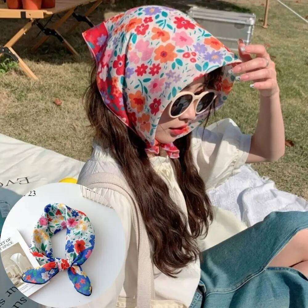 Women's Summer Cotton Linen Small Square Scarf Korean Style Bandanna Floral Print Headscarf Girls Hair Accessoories Shawl 26Y06226 - view 4