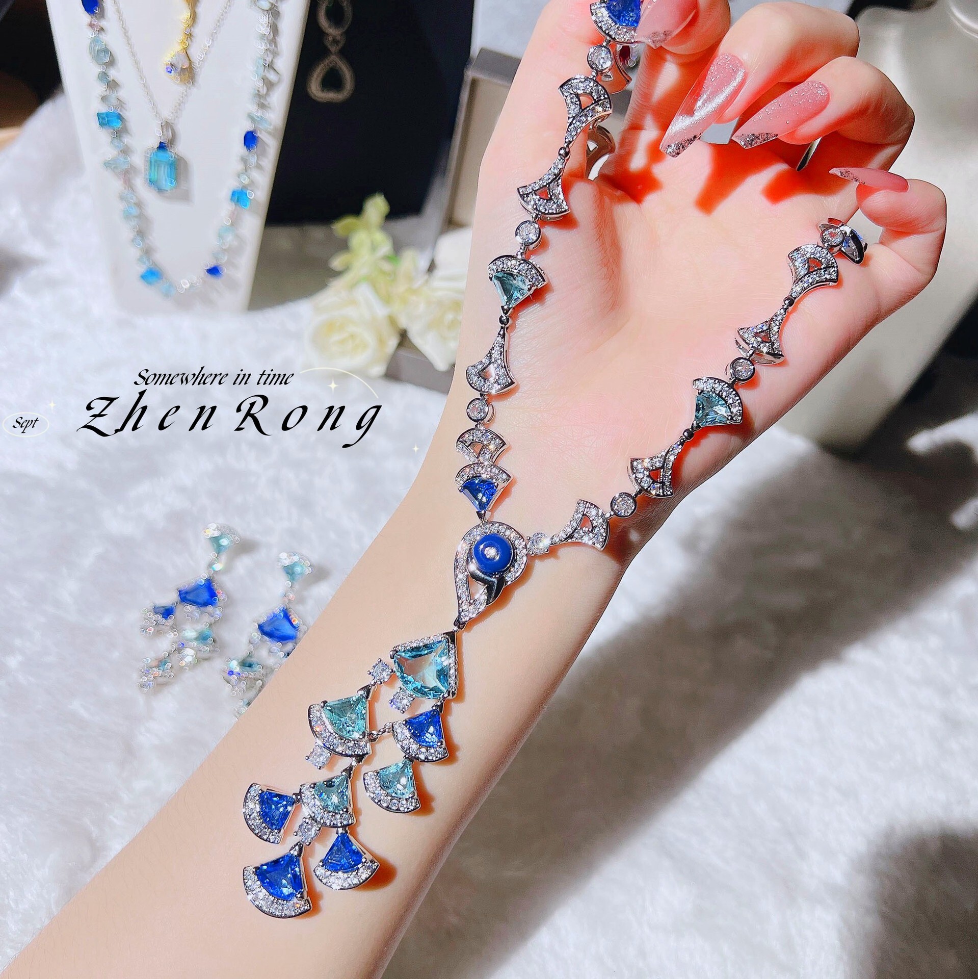 Earrings Luxury Inlaid Diamond Super Sparkling Zircon Big Brand Colorful Gem Fan-Shaped Water Drop Necklace Earrings Small Dress Chain Jewelry Set For