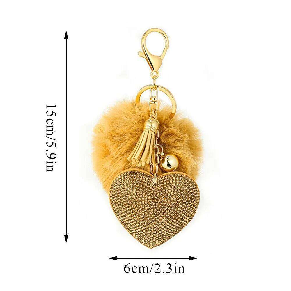 Fashion Fluffy Plush Ball Faux Fur Pompom Rhinestone Heart Bag Pendant Solid Color Key Ring Alloy Furball Keychain 26Y0626 - view 7