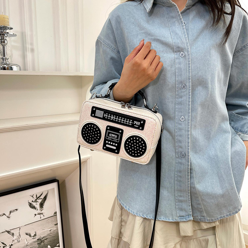 Trend Radio Shape PU Crossbody Bag Retro Sequin Box Handbag Hip Hop Party Shoulder Purse, Vintage Cassette Speaker Pattern, Evening Dating Handheld Ba - view 4