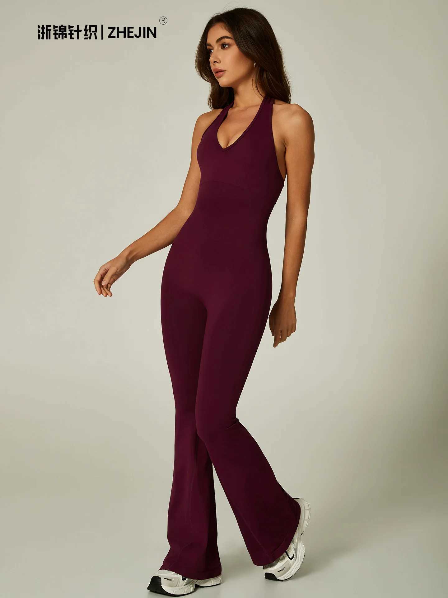 Halter Neck Sexy Jumpsuit V Women Flare Leg Yoga Romper Backless One Piece Gym Workout Bodysuit Tummy Control Fitness Activewear M260626 - view 3