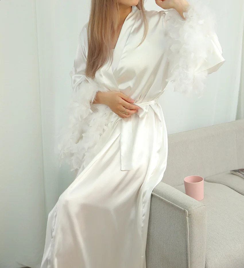 Feather Blush Kimono Robe Boudoir Wedding Floor Length Maxi Dressing Gown Robes Bride to Be Hen Party Stain Silk Lingerie260622 - view 4