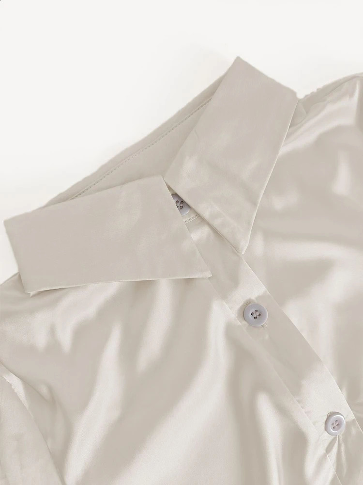 Zadily 2026 Summer Elegant Women Silk Satin Blouse Short Sleeve Button Down Collared Shirt Casual Office Lady White Tops 260626 - view 6