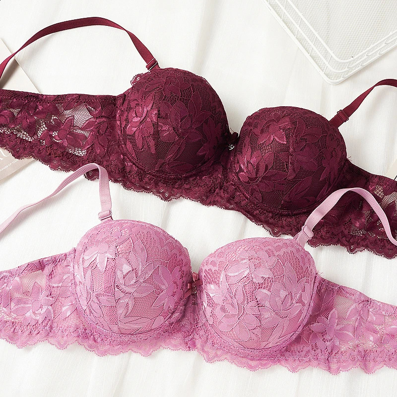 Womens Push Up Half Cup Bras French Lace Floral Bralette Thicken Bottom Gathered Underwire 3642 AB Small Chest Underwear 260626 - view 3