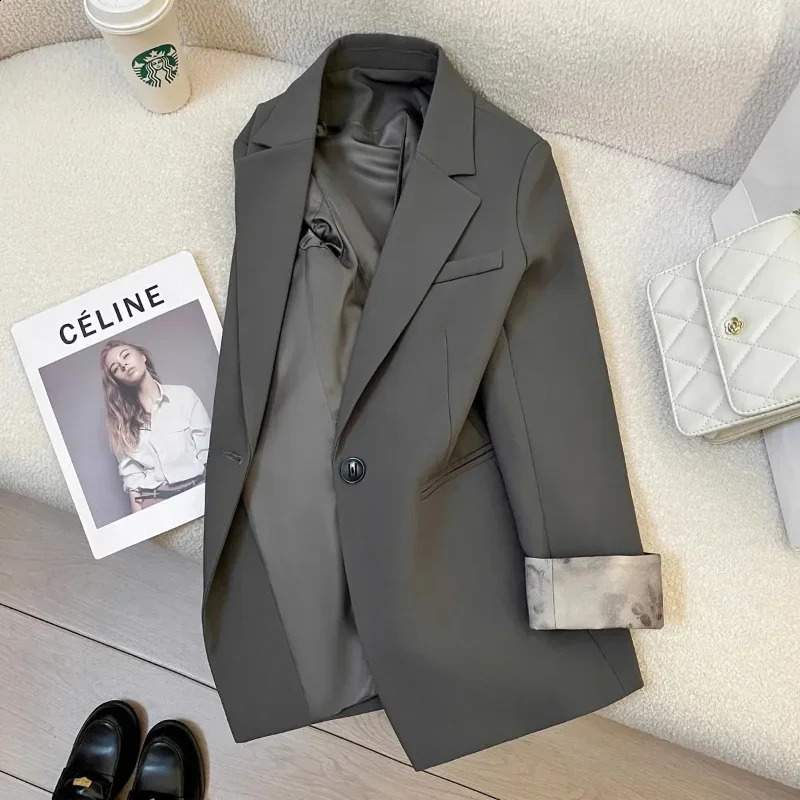 Gray Retro Blazer Womens Long Sleeve Button Solid Color Lapel Cardigan Commuting Top 260625 - view 3