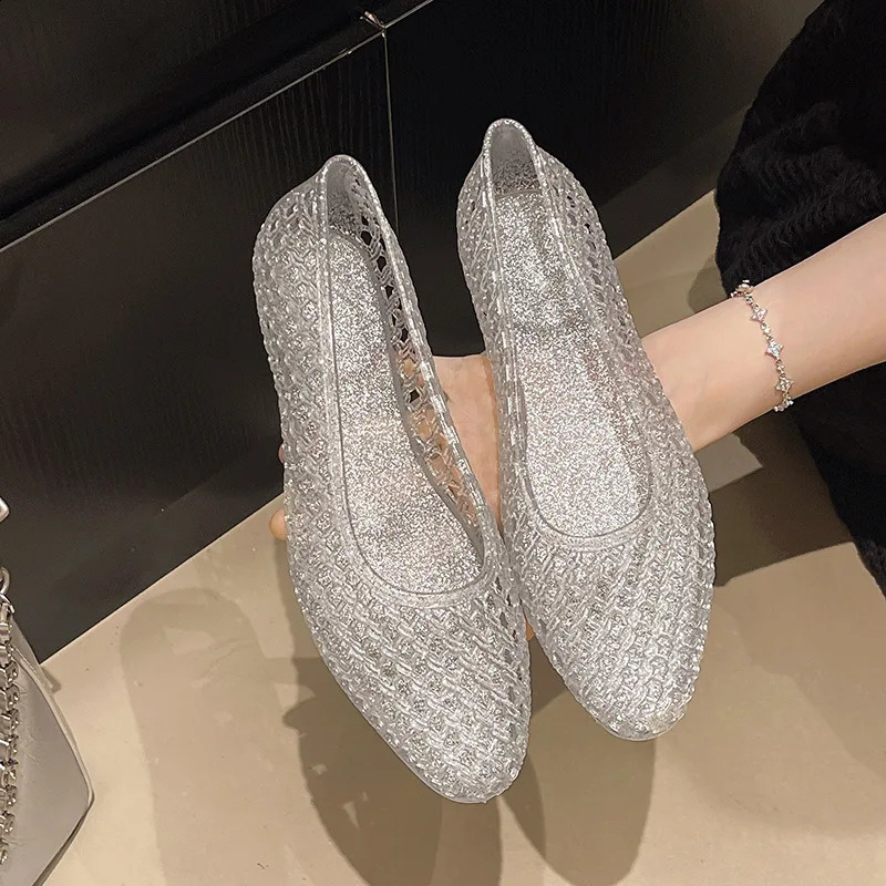 Women Hollow Grid Glitter Jelly Flat Shoes Breathable Slip On Sandals Non Summer Daily Beach Casual Walking Flats 260626