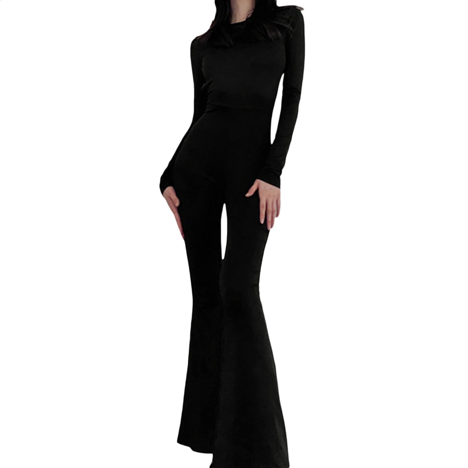 Fashion Women Flare Leg Jumpsuit Long Sleeve Backless Solid Color Bodycon Romper Pants 260626
