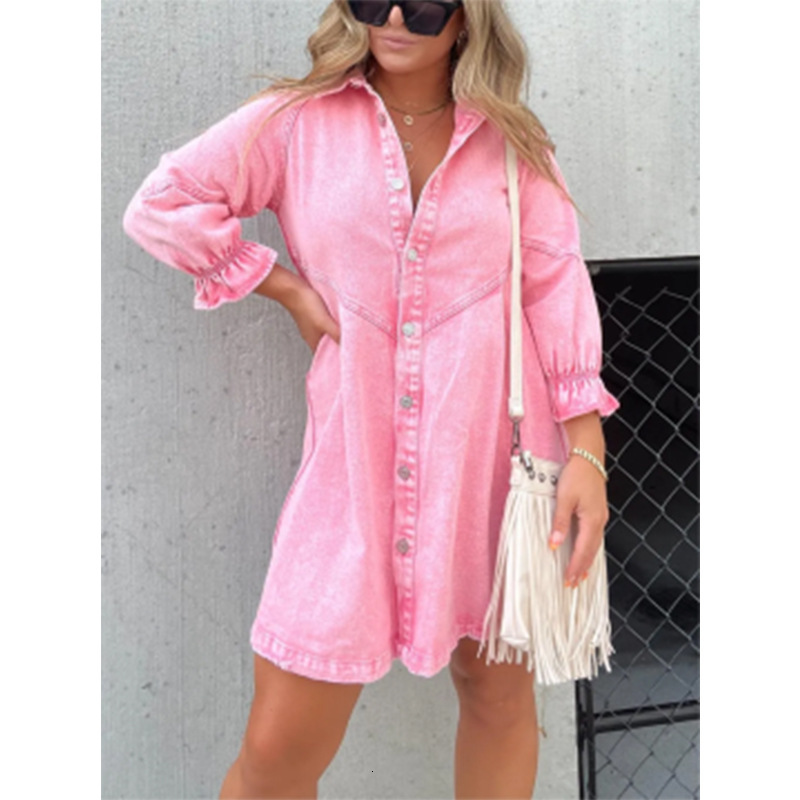 2023 New Hot-Selling Washed Shirt Denim Skirt Lantern Sleeve Loose Dress for Women - view 6