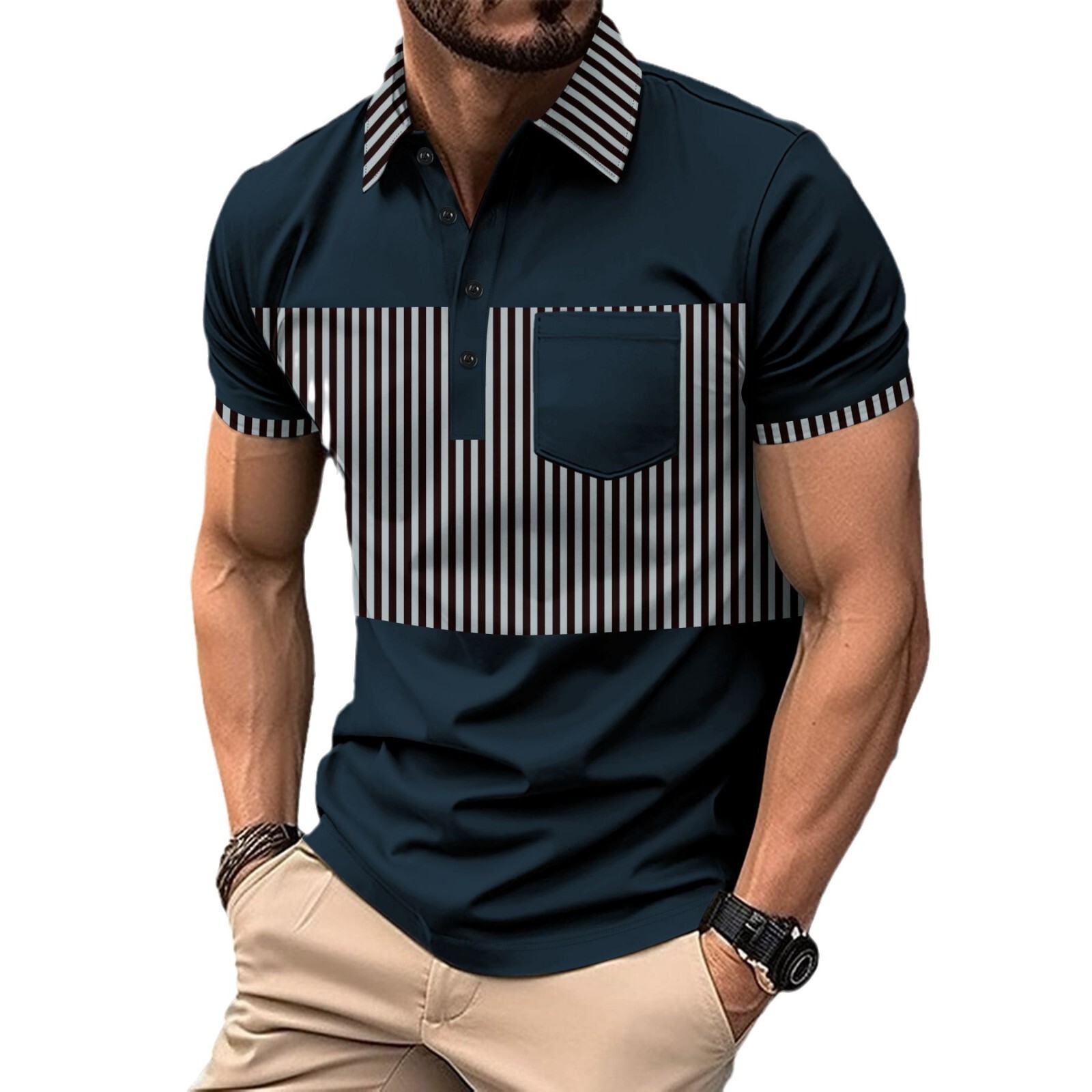 New Men's Casual Polo Shirt With Chest Pocket, V-Neck, Buttoned Stripes, Versatile T-Shirt - view 6