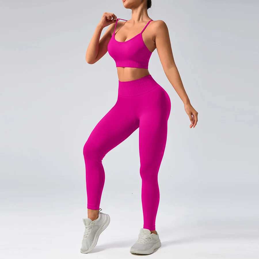 Pants 2 pcs/set Seamless Tight Set Rose Red Tank Top Outfit Womens Clothing Breathable Trousers Athleisure Fitness Pants M260626 - view 6