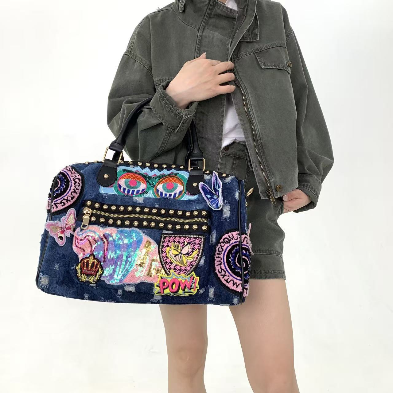 Hot Denim Patchwork Handbag Sequin Embroidery Boston Bag Rivet Crossbody Shoulder Purse, Colorful Cartoon Sequins Badge Studded Design - view 4
