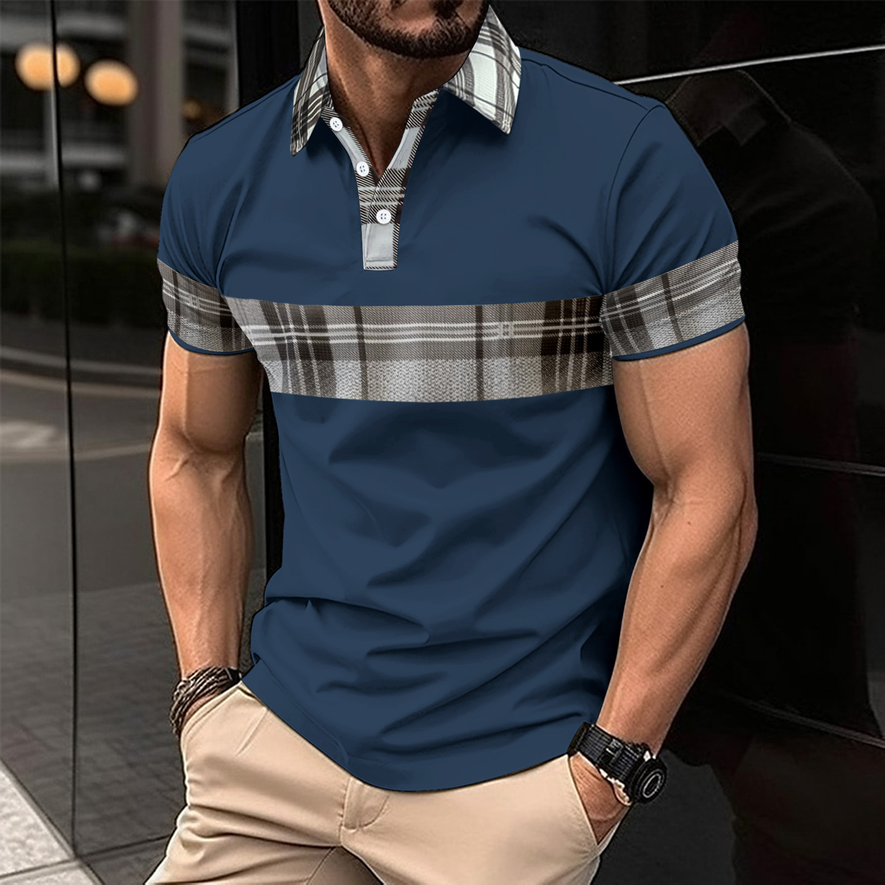 Men's Casual POLO Shirt, Fashionable V-Neck Buttoned Striped Short-Sleeve Patchwork Versatile T-Shirt2