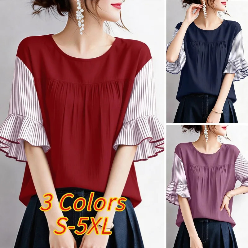 ZANZEA Women Summer Patchwork Blouse Stylish Short Ruffled Sleeve Tops Female Elegant Work Shirt Casual Loose Holiday Tunic 2026 260626