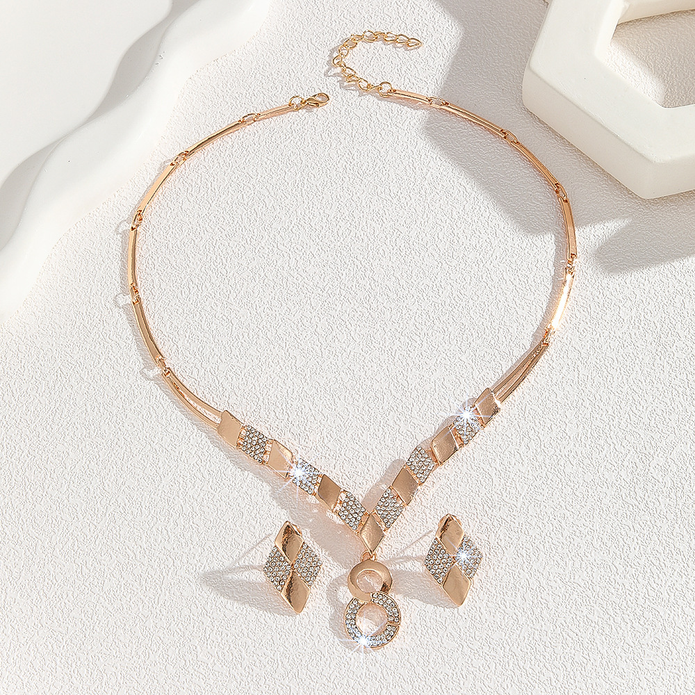 Gold Plated Geometric Square Rhinestone Jewelry Set Double Circle Figure 8 Pendant Bib Necklace Drop Earrings Women Evening Party Statement Costume Ac