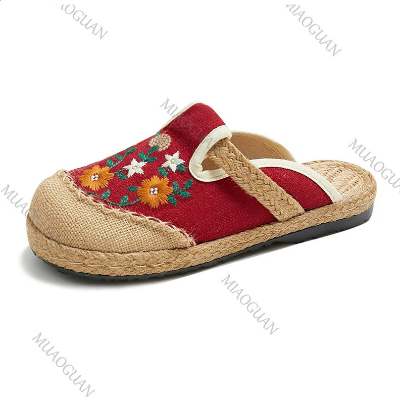 Women Casual Linen Embroidery Shoes Baotou Flat Mules Half Slippers Causal Retro Summer Ladies Canvas Sandals Comfort Footwears 260626 - view 7