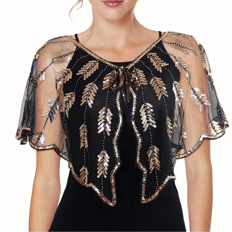 Retro 1920s Beaded Sequin Shawl Vintage Flapper Evening Cape Sheer Mesh Embroidery Leaf Women Bolero Party Accessories 260625