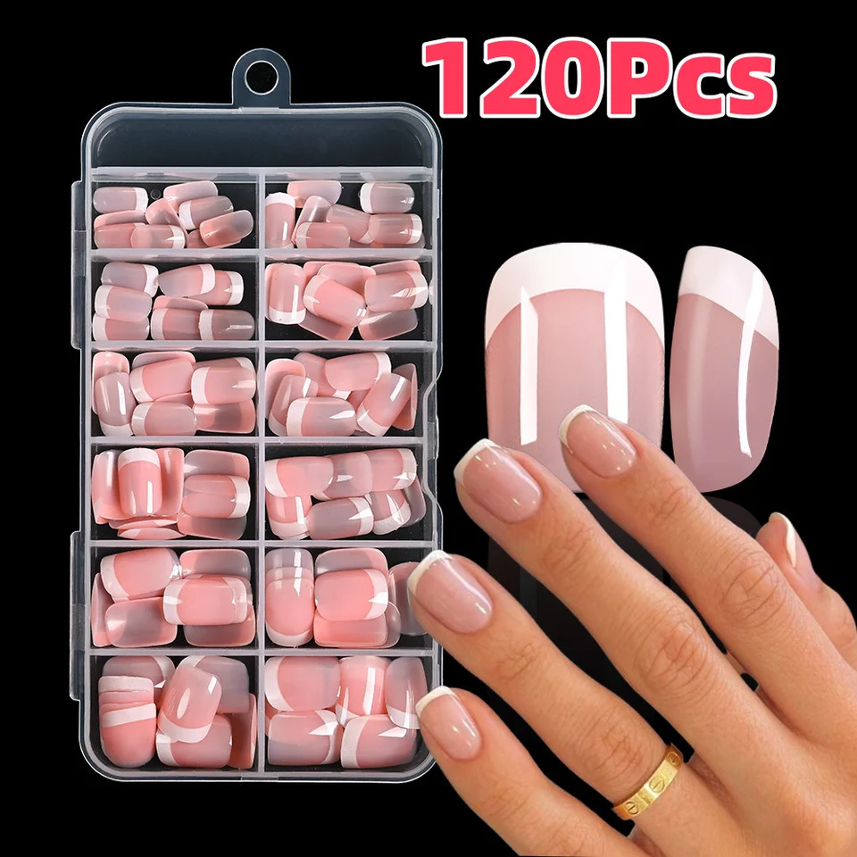 120Pcs Pink French Short Square False Nails 12-Sizes Full Cover Press On Nails Wearable Detachable Finished Fake Fingertips TD 260626