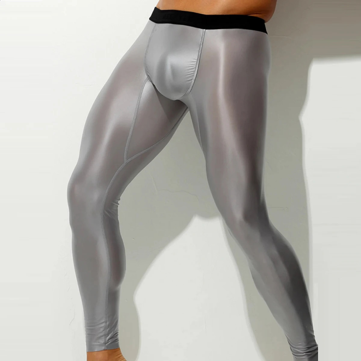 Men Sexy Oil Glitter Ice Silky Thin High Stretch Low Waist Body Shaped Pants Tight Bodybuilding Fitness Sports Leggings 260625 - view 5