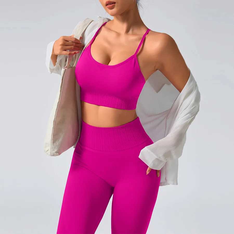 Pants 2 pcs/set Seamless Tight Set Rose Red Tank Top Outfit Womens Clothing Breathable Trousers Athleisure Fitness Pants M260626 - view 3