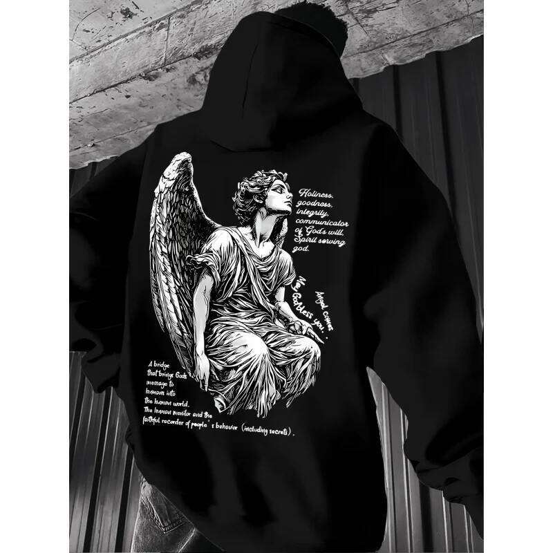 Men's Fashion Angel Print Street Retro Hooded Sweatshirt, Long-sleeved pullover shirt, Slightly elastic, W260626 - view 5