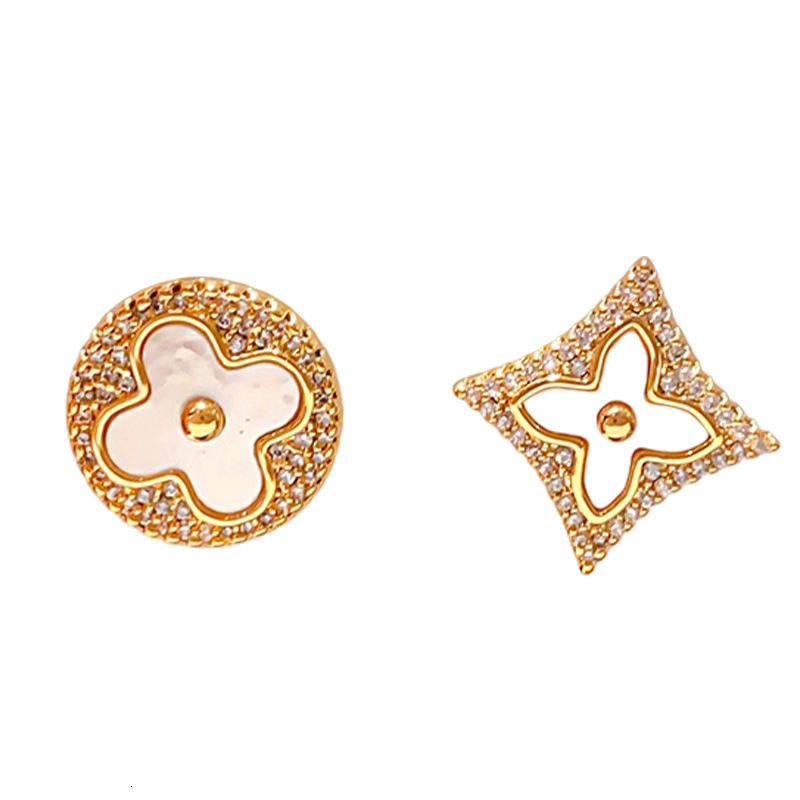 Earrings 18K Real Gold Plated Silver Needle Mother-Of-Pearl Asymmetric Round Diamond-Shaped Earrings Vintage Style Unique And Elegant With A High-End  - view 6